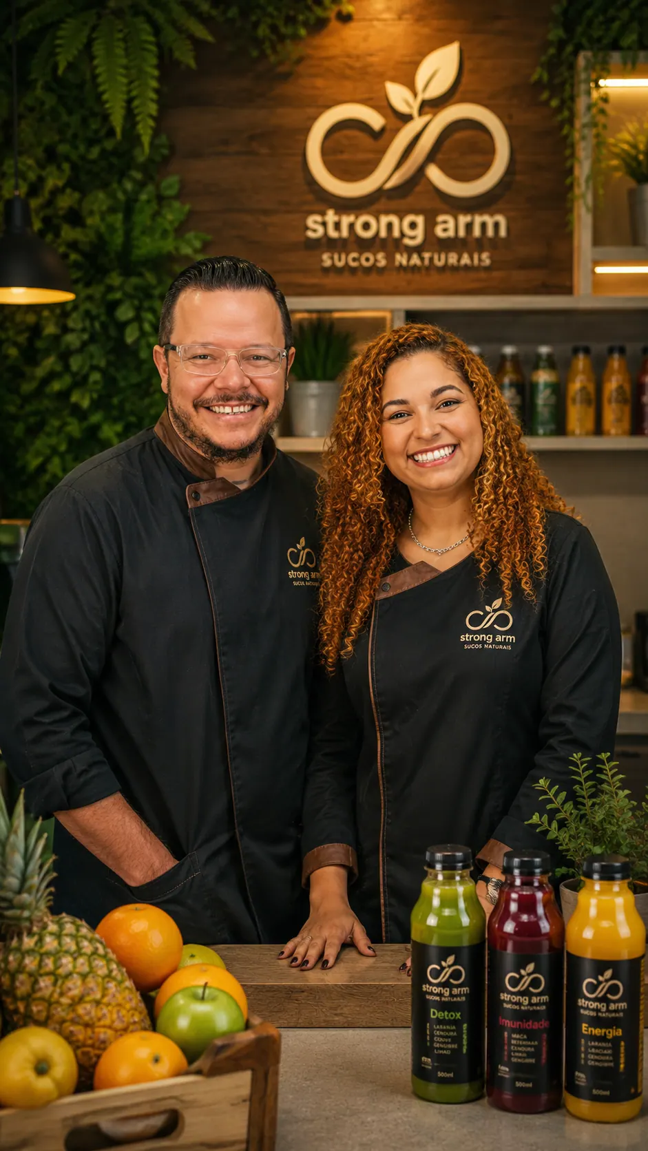 David e Paola, fundadores da DP Strong Arm, atrás da bancada com sucos Detox, Imunidade e Energia
